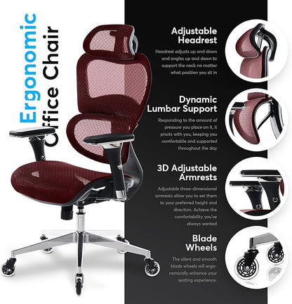 Oline ErgoPro Ergonomic Office Chair with 4D Adjustable Armrest, 3D Lumbar Support and Blade Wheels - Mesh Computer Gaming Rolling Desk Executive Swivel Home Chair (Burgundy Red)