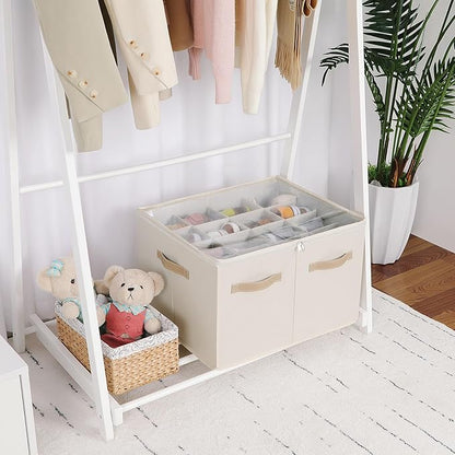 TOPIA HOME Shoe Organizer for Closet, Foldable Shoe Box with Adjustable Dividers and Clear Cover, Space Saving Shoe Storage Organizer Cabinet with Reinforced Handles, Fits 16 Pairs, Beige TP09Y
