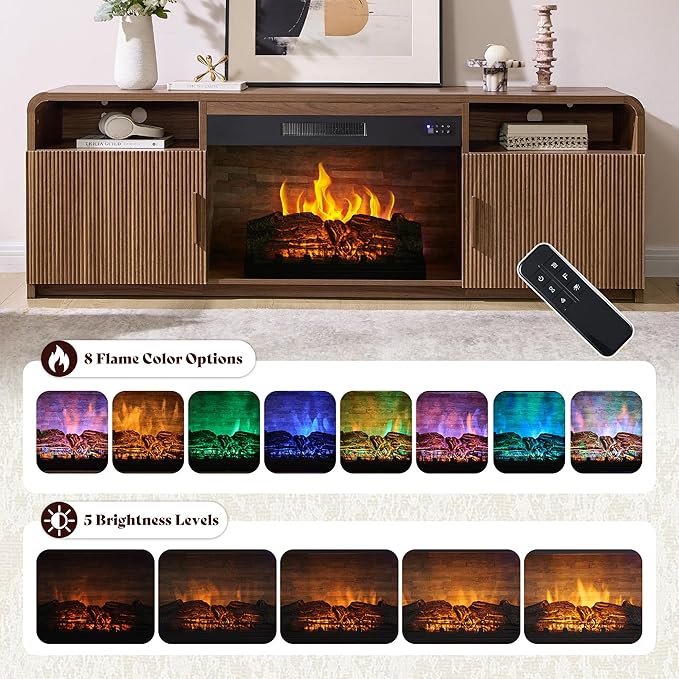 AMERLIFE 70" Fluted Fireplace TV Stand for TVs Up to 80", Modern TV Console with 30" Electric Fireplace & Storage Cabinets, Media Entertainment Center for Living Room, Brown