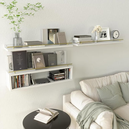WOPITUES Floating Shelves for Wall 24 inch with Cube Shelf, Wall Shelves with Metal Rail for Decor, Bathroom Organizers and Storage, Over Toilet Shelves for Bathroom, Toilet Paper-White&Gold
