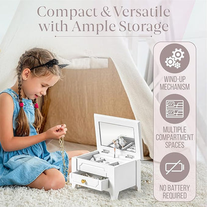 Kids Musical Jewelry Box with Lock and Mirror, Wooden Jewelry Organizer with Spinning Ballerina and You Are My Sunshine Music, Home Decor & Gifts for Girls (White, Medium)