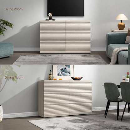 SICOTAS Sideboard Buffet Cabinet with Storage, Modern Fluted Accent Credenza with 3 Larger Drawers, Mid Century Media Console Table Coffee Bar Cabinet for Dining Room Hallway Kitchen, White Alder