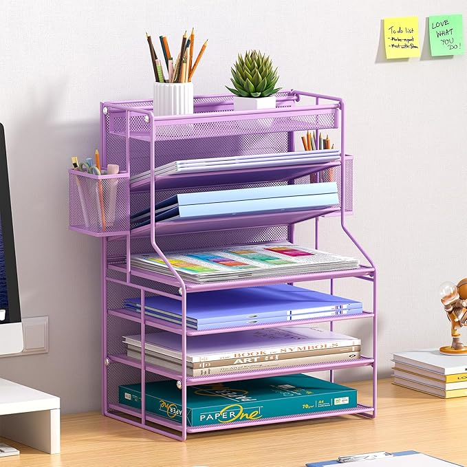 7 Tier Desk File Organizer,Metal Document Holder with Adjustable Shelves, Pull-Out Drawer & Removable Pen Holder for Office Organization,Purple