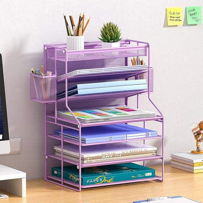 7 Tier Desk File Organizer,Metal Document Holder with Adjustable Shelves, Pull-Out Drawer & Removable Pen Holder for Office Organization,Purple