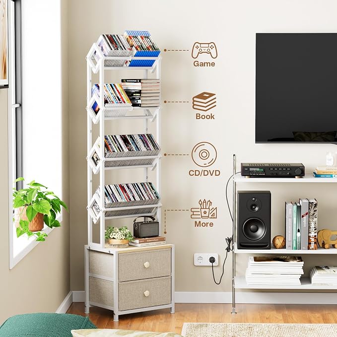 CD Storage Rack with Drawers, 5-Tier Media Organizer DVD Storage Shelf, Large Capacity for CD/DVD, Books & Games, Ideal for Living Room & Home Office, 15.7×11.8×58.7Inches
