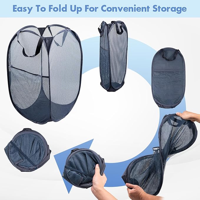 DUCOO Pop Up Laundry Hamper, 70L Collapsible Mesh Laundry Basket with Side Pocket, Foldable Dirty Clothes Hamper with Sturdy Reinforced Handles for Home Dorm Bedroom Travel Storage, Blue, 2Pack