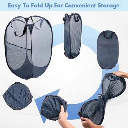 DUCOO Pop Up Laundry Hamper, 70L Collapsible Mesh Laundry Basket with Side Pocket, Foldable Dirty Clothes Hamper with Sturdy Reinforced Handles for Home Dorm Bedroom Travel Storage, Blue, 2Pack
