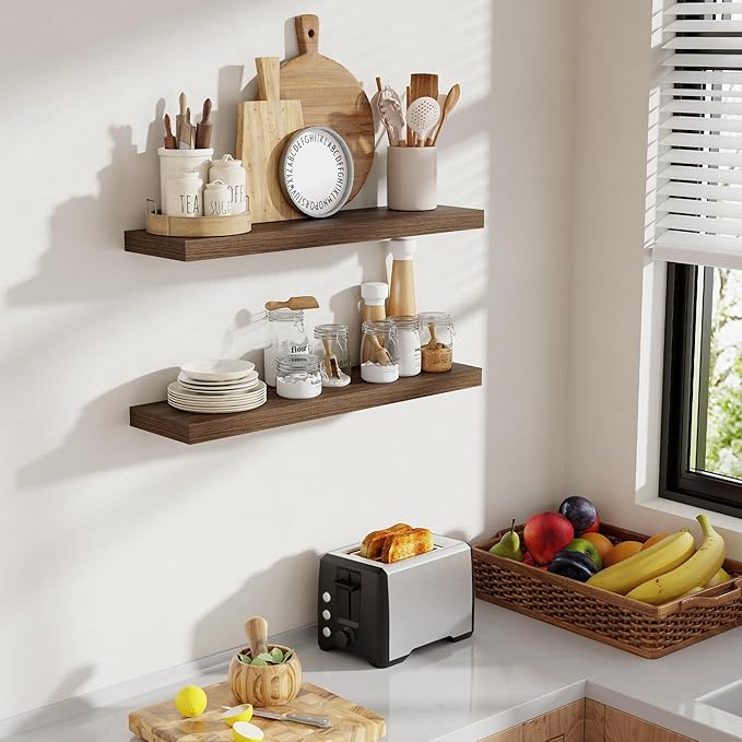 Acovy 30 Inch Floating Shelves, 8 Inch Deep Floating Shelves for Wall, Hanging Shelf with Invisible Brackets, Deep Shelves for Bathroom, Bedroom, Living Room, Walnut, Set of 2
