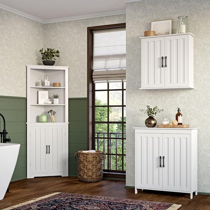 RiverRidge Monroe Two-Door Floor Storage Cabinet - Bathroom Storage Cabinet with Adjustable Shelves - Soft-Close Doors White Finish with Matte Black Handles