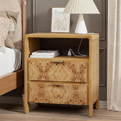 COZAYH Farmhouse Nightstand with Charging Station, Side Table with Power Outlet and USB & Type C Ports, Wood Bedside Table for Bedroom, Fully Assembled, Rustic, Natural, Burl