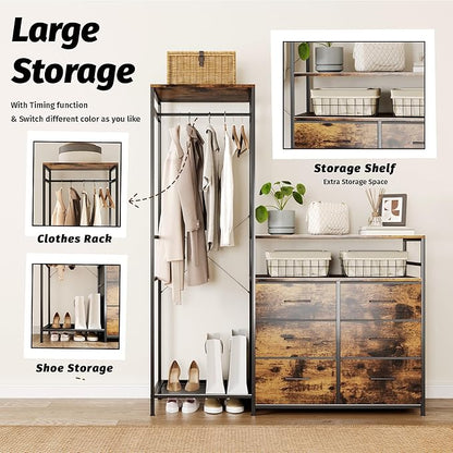 Heavy Duty Garment Rack with Fabric Drawers and LED Light, Freestanding Portable Closet Wardrobe Systems with Shelves for Bedroom, Entryway, Apartment