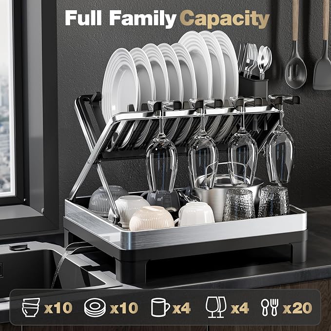 Dish Drying Rack, 2-Tier Stainless Steel Dish Rack with X-Frame and Drainage Spout, Large Collapsible Dish Drainer for Kitchen Counter, Dish Strainer with Utensil and Wine Glass Holder, Black