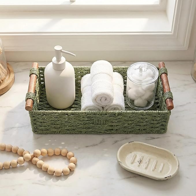Toilet Paper Basket, Green Wicker Storage Basket with Wooden Handles, Handwoven Paper Rope Toilet Tank Top Organizer, Countertop Basket for Top of Toilet, Wicker Bathroom Baskets for Organizing
