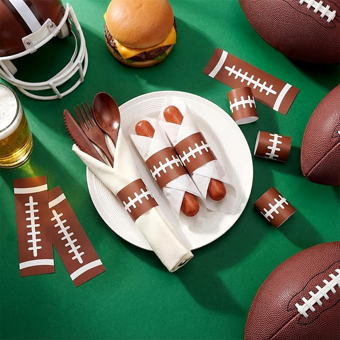 300 Pcs Football Paper Napkin Rings Bulk Disposable Sports Napkin Holder Self Adhesive Brown Silverware Wrap Band for Game Day Birthday Holiday Party Table Setting Decoration