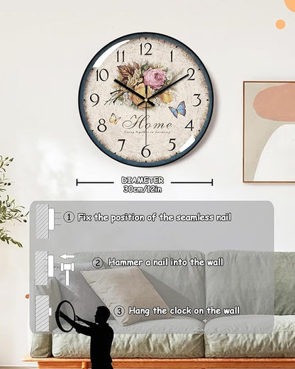 Decorative Wall Clocks Batterys Operated, Retro Wall Clock with Glass Dial, 12-Inch Dial with Roman Numerals, Silent and No Ticking, Suitable for Living Room, Bedroom, Dining Area, Workspace