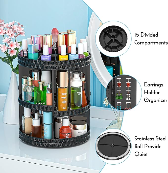 360 Rotating Makeup Organizer, DIY Adjustable Cosmetics Organizer[Patented Product], Professional Acrylic Make Up Caddy Shelf Storage Perfume, Lipsticks, Makeup Brushes or Accessories (Black)