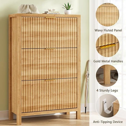 Shoe Cabinet Storage for Entryway, Fluted Shoe Cabinet with 3 Flip Drawers, Hidden Shoe Rack Tall Freestanding Shoe Organizer with Legs for Hallway, Oak