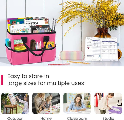 Godery Desktop Tote and Organizer, Teacher Helper caddy Bag for Arts, Books, Stationery, Office Desk Organization, Make-up Storage with Handles for Travel (PINK)