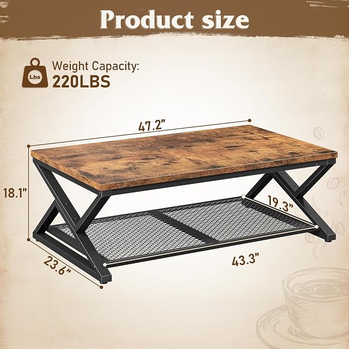 EnHomee Rustic Coffee Table with Storage, Farmhouse Coffee Table with Mesh Shelf, 2 Tier Rectangular Center Table for Living Room, Home Office, 47.2 Inch, Rustic Brown
