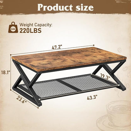 EnHomee Rustic Coffee Table with Storage, Farmhouse Coffee Table with Mesh Shelf, 2 Tier Rectangular Center Table for Living Room, Home Office, 47.2 Inch, Rustic Brown