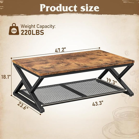 EnHomee Rustic Coffee Table with Storage, Farmhouse Coffee Table with Mesh Shelf, 2 Tier Rectangular Center Table for Living Room, Home Office, 47.2 Inch, Rustic Brown