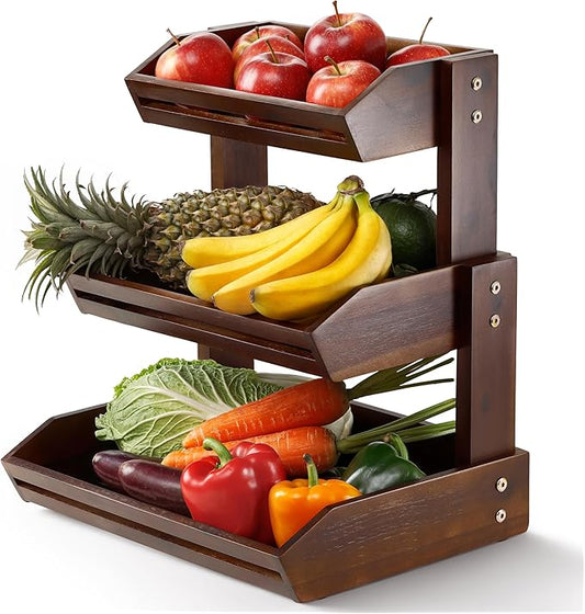 HOLANA Acacia 3 Tier Fruit Basket for Counter – Wooden Fruit Bowl for Kitchen Counter Organizer, Vegetable & Produce Storage, Wooden Basket & Snack Organizer for Countertop Storage (Walnut)