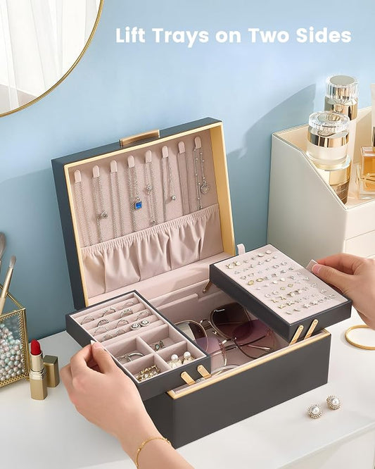 Lolalet Jewelry Box Organizer for Women Girls, 2 Layer Jewelry Organizers and Storage for Necklace Earrings Rings Bracelets, Large Jewellery Holder Case Birthday Gifts -Charcoal gray