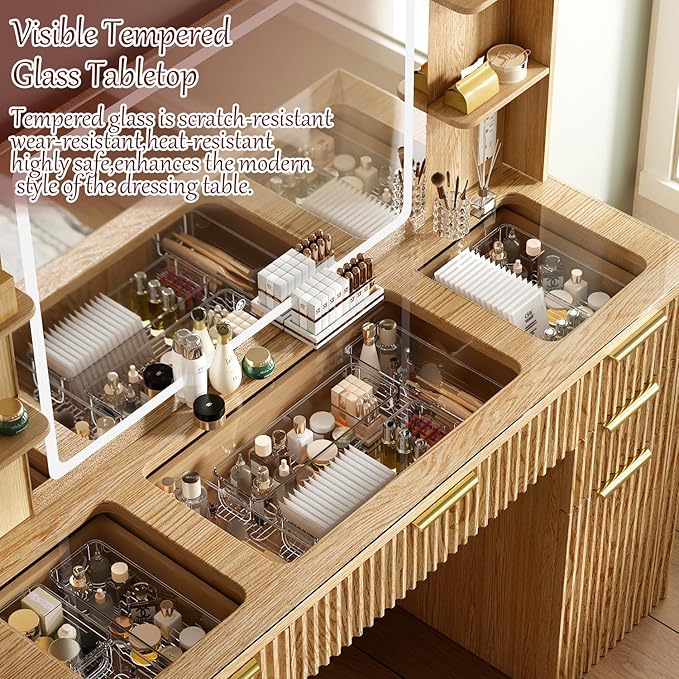 47.2" Fluted Makeup Vanity Desk with Large 28.7" Mirror and Lights, 5 Drawer Vanity with Power Strip, 6 Open Shelves, 2 Cabinet, Modern Bedroom Vanity Featuring Visual Transparent Glass