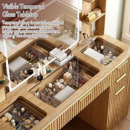 47.2" Fluted Makeup Vanity Desk with Large 28.7" Mirror and Lights, 5 Drawer Vanity with Power Strip, 6 Open Shelves, 2 Cabinet, Modern Bedroom Vanity Featuring Visual Transparent Glass