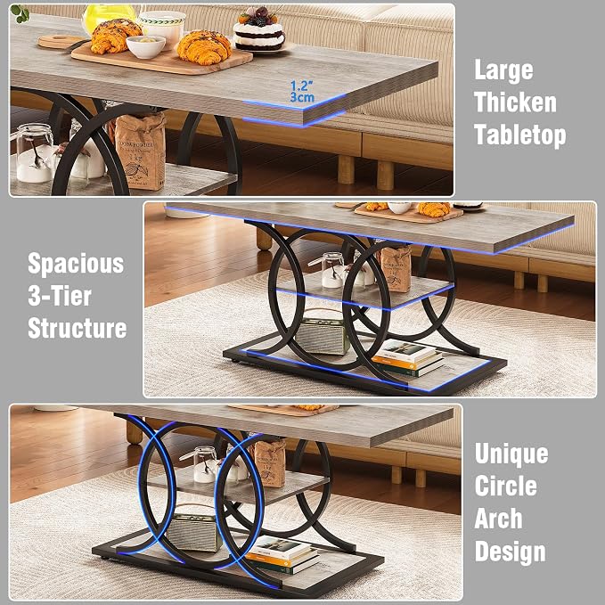 GiftGo Rustic Coffee Table with Storage Industrial 3 Tier Center Living Room Table Farmhouse Wooden Rectangle Cocktail Tea Table for Office Bedroom Elegant Full Moon Design (Vintage Gray, L-47)