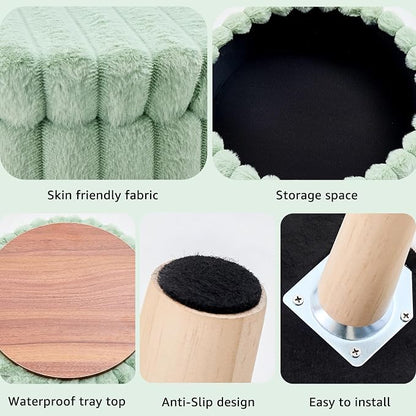 Wimarsbon Storage Ottoman, Modern Round Footrest with Soft Padded Seat, Teddy Velvet Footstool with Wood Legs, Accent Small Table or Plant Stand for Hallway, Living Room (Light Green)