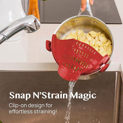 Kitchen Gizmo Snap N Strain Silicone Pot Strainer - Adjustable Clip-On Pasta Strainer for Pots, Pans, and Bowls - Large Red Kitchen Colander