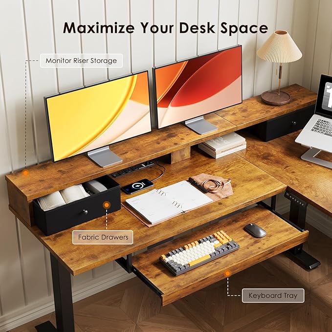 OffiGo 59 Inch L Shaped Electric Standing Desk with Drawers, Height Adjustable Corner Computer Desk with Keyboard Tray & Monitor Stand, Stand Up Table for Home Office Workstation, Rustic Brown