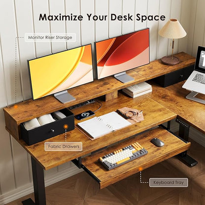 OffiGo 59 Inch L Shaped Electric Standing Desk with Drawers, Height Adjustable Corner Computer Desk with Keyboard Tray & Monitor Stand, Stand Up Table for Home Office Workstation, Rustic Brown