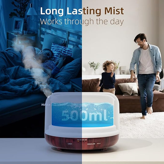 ASAKUKI Essential Oil Diffuser for Home, 500ml Aromatherapy Fragrant Oil Humidifier Vaporizer, 7-Color Light and Auto-Off Safety Switch (Reddish-Brown)