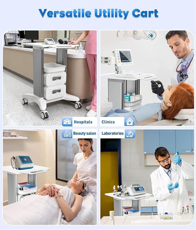 Medical Cart 3 Tiers, Lab Utility Cart with 2 Drawers & 1 Top Tray, ABS Mobile Medical Trolley Cart, Hospital Mobile Ultrasound Cart with 4 Silent Wheels for Dental Clinic, Beauty Salon, 220 LBS
