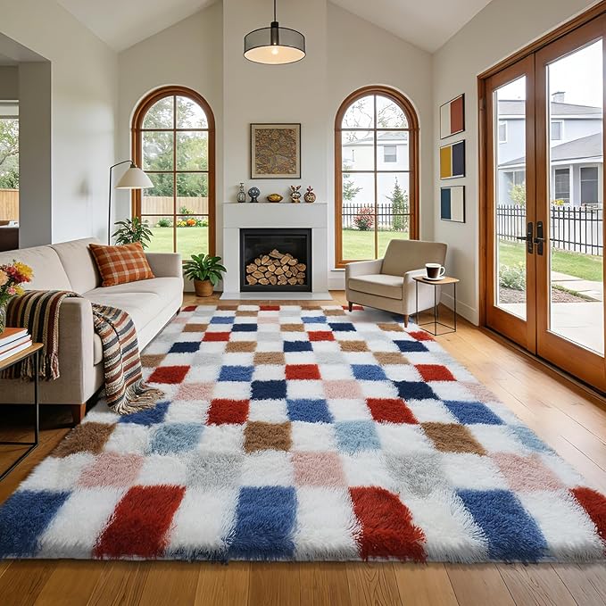 Large Shag Area Rug for Bedroom Living Room,9x12 Fluffy Soft Colorful Checkered Rug Fuzzy Shaggy Bedroom Carpet,Indoor Plush Floor Rugs for Teen Dorm Home Decor