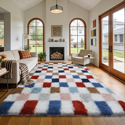 Large Shag Area Rug for Bedroom Living Room,9x12 Fluffy Soft Colorful Checkered Rug Fuzzy Shaggy Bedroom Carpet,Indoor Plush Floor Rugs for Teen Dorm Home Decor