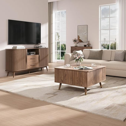 SULIVES Lift Top Coffee Table with Storage,Square Coffee Table with Lifting Top,Modern Center Table with Solid Wood Legs,Small Coffee Tables for Living Room,Walnut
