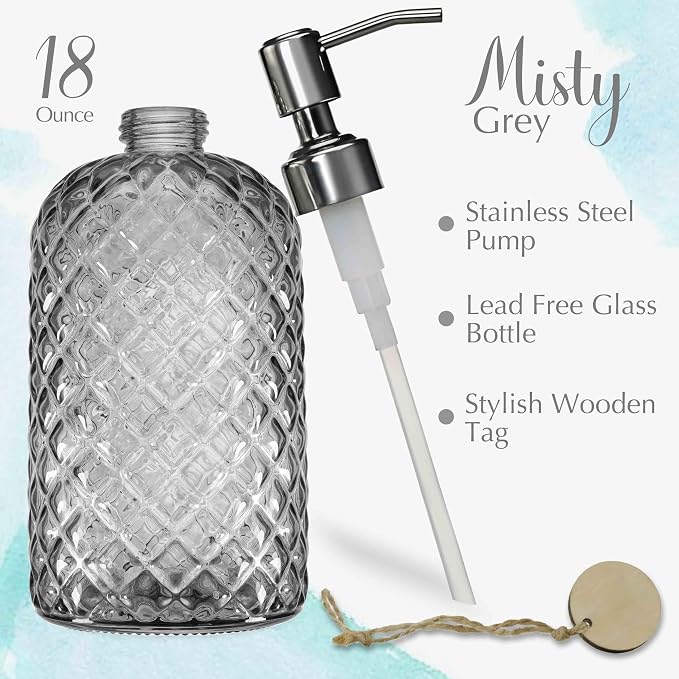 JASAI 18Oz Gray Glass Soap Dispenser with Rust Proof Pump, Refillable Kitchen soap Dispenser for Dish Soap, Bathroom Soap Dispenser for Dispense Hand soap, Lotion.
