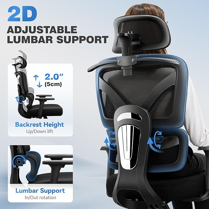 Ergonomic Office Desk Chair, High Back Mesh Office Chair with Adjustable Lumbar Support, 3D Headrest, Big and Tall Home Computer Desk Chairs Comfy for Work, Gaming, 300lbs, Black
