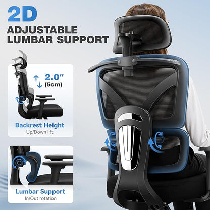 Ergonomic Office Desk Chair, High Back Mesh Office Chair with Adjustable Lumbar Support, 3D Headrest, Big and Tall Home Computer Desk Chairs Comfy for Work, Gaming, 300lbs, Black