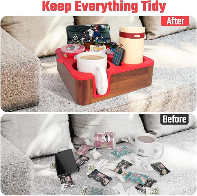 Couch Cup Holder Tray, Real Acacia Wooden Caddy with Soft Silicone, Snack and Drink Organizer- Perfect Movie Night Accessories for Bed, Remote and Cup Holders for Sofa (Red)