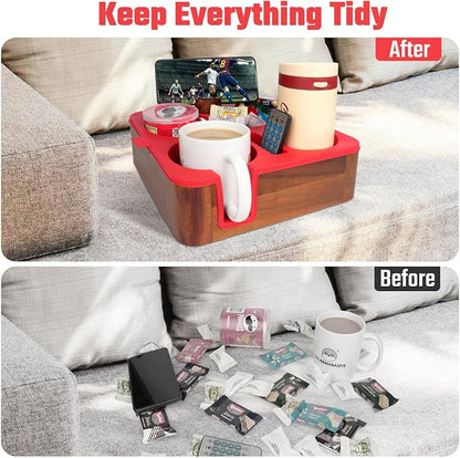 Couch Cup Holder Tray, Real Acacia Wooden Caddy with Soft Silicone, Snack and Drink Organizer- Perfect Movie Night Accessories for Bed, Remote and Cup Holders for Sofa (Red)
