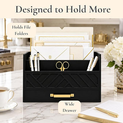 BLU MONACO | Wooden Mail Organizer with Drawer and Gold Handle | Mail Sorter Organizer Countertop for Desk | Outgoing Mail Holder and Letter Sorter for Desk Storage