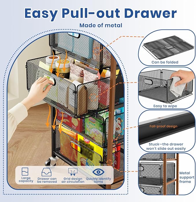 Goovilla Kitchen Cart with Drawers, 4 Tier Metal Rolling Utility Cart Organizer on Lockable Wheels with Wooden Top, Black Fruit Vegetable Storage Rack Also for Cans, Snack, Craft, Art, Office, Beauty