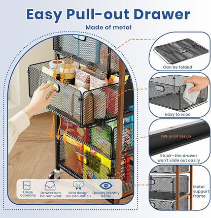 Goovilla Kitchen Cart with Drawers, 4 Tier Metal Rolling Utility Cart Organizer on Lockable Wheels with Wooden Top, Black Fruit Vegetable Storage Rack Also for Cans, Snack, Craft, Art, Office, Beauty