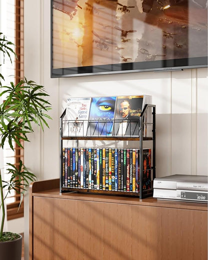 2-Tier DVD Storage Rack, DVD Shelf for Non-slip Feets, DVD Holder Display with 10lb per Tier, Stores Up to 56 DVDs, Display Organizer Tower for Music Enthusiasts and Collection
