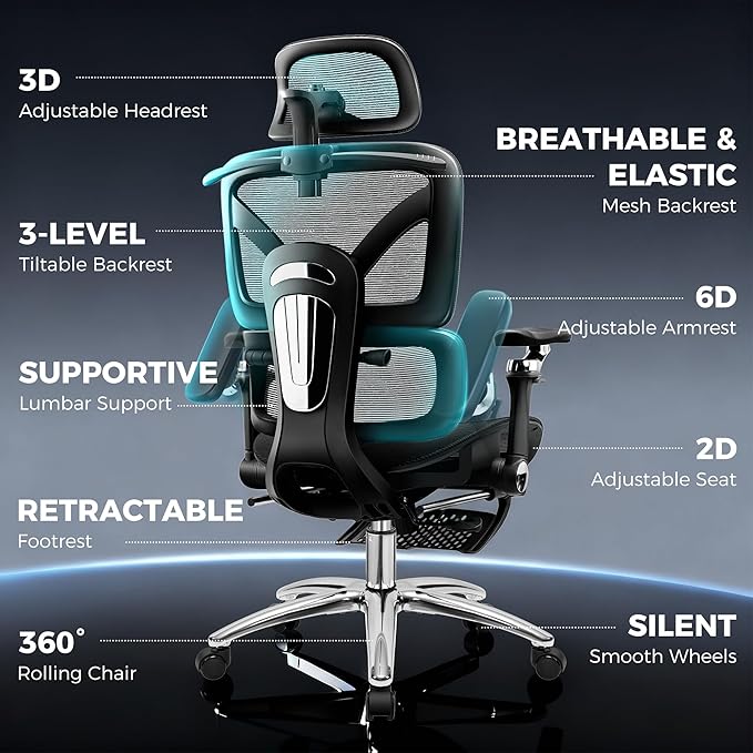 Ergonomic Office Chair with Footrest, Big and Tall Home Desk Chair, High Back Rolling Computer Chair with 5D Flip-Up Arms and Lumbar Support, Comfy Gaming Chair, Swivel Mesh Chairs, Black