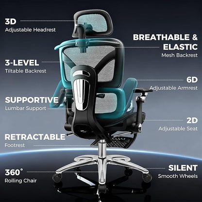 Ergonomic Office Chair with Footrest, Big and Tall Home Desk Chair, High Back Rolling Computer Chair with 5D Flip-Up Arms and Lumbar Support, Comfy Gaming Chair, Swivel Mesh Chairs, Black